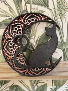 Chat lune mandala 3D décoratif fait main, création artisanale française